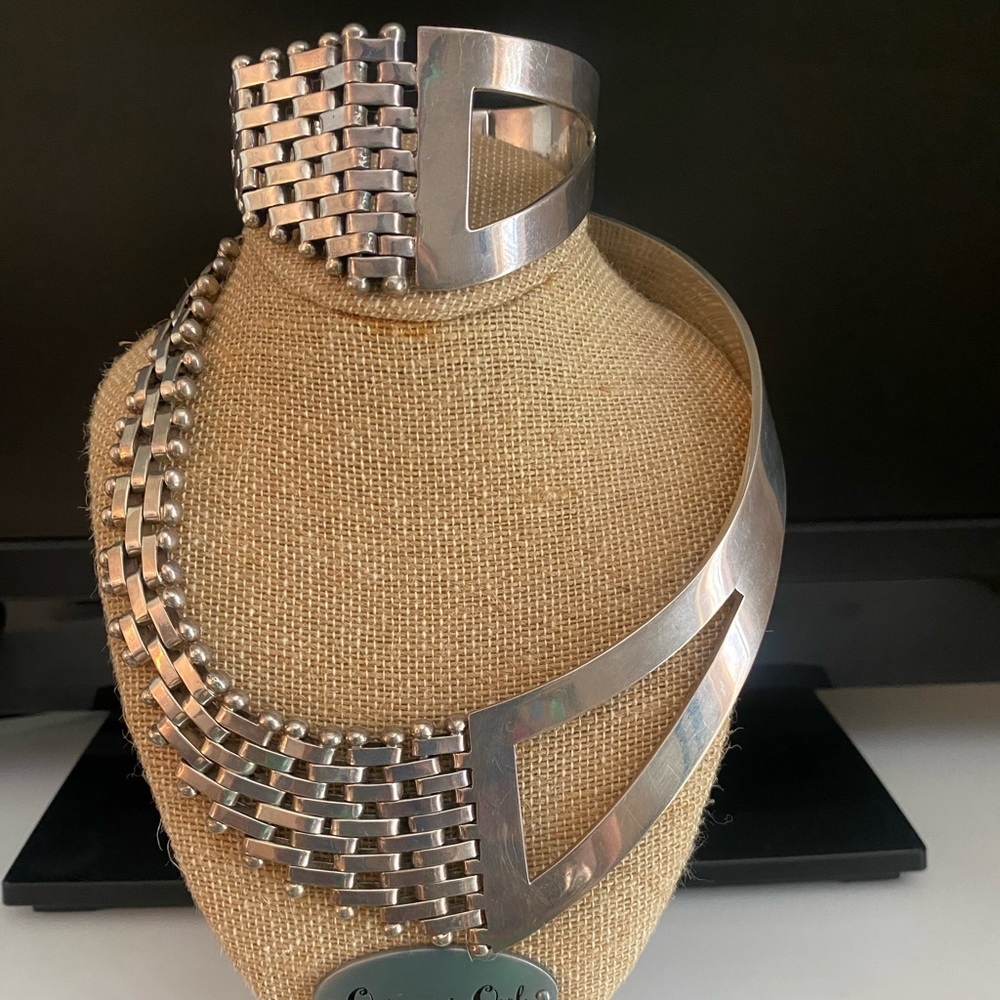 Heavy Vintage Sterling Silver Modernist Choker with Matching Bracelet